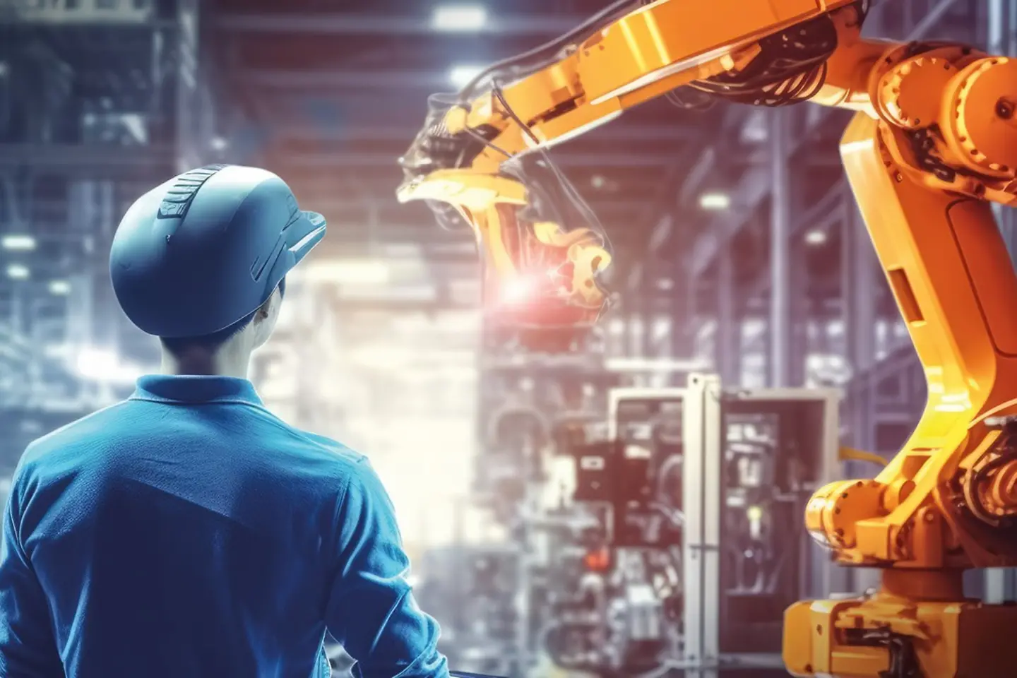 Ingenieur test en bestuurt robotarmen in een slimme fabriek