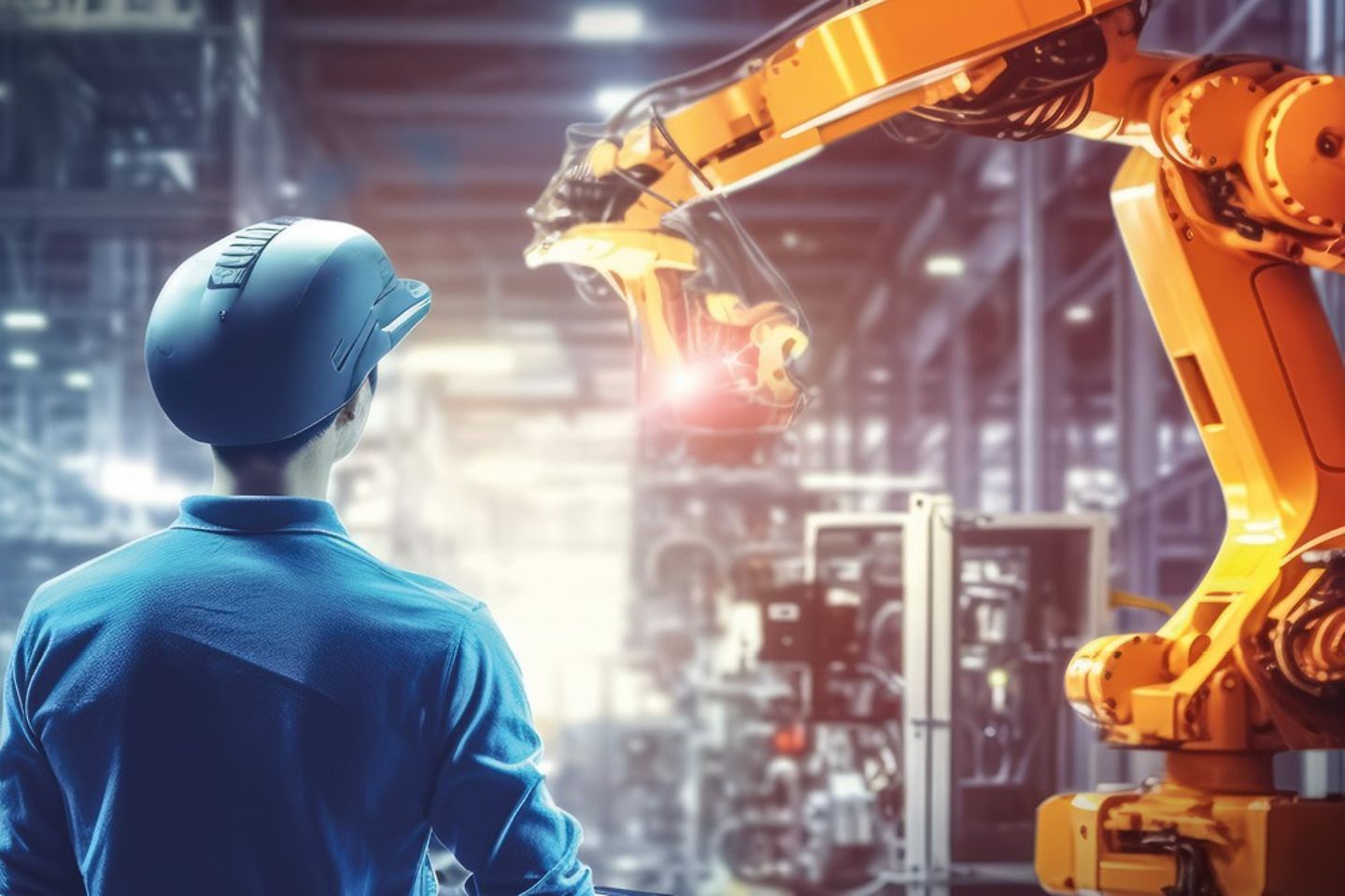 Un ingénieur teste et contrôle des bras de robots d'automatisation dans une usine intelligente