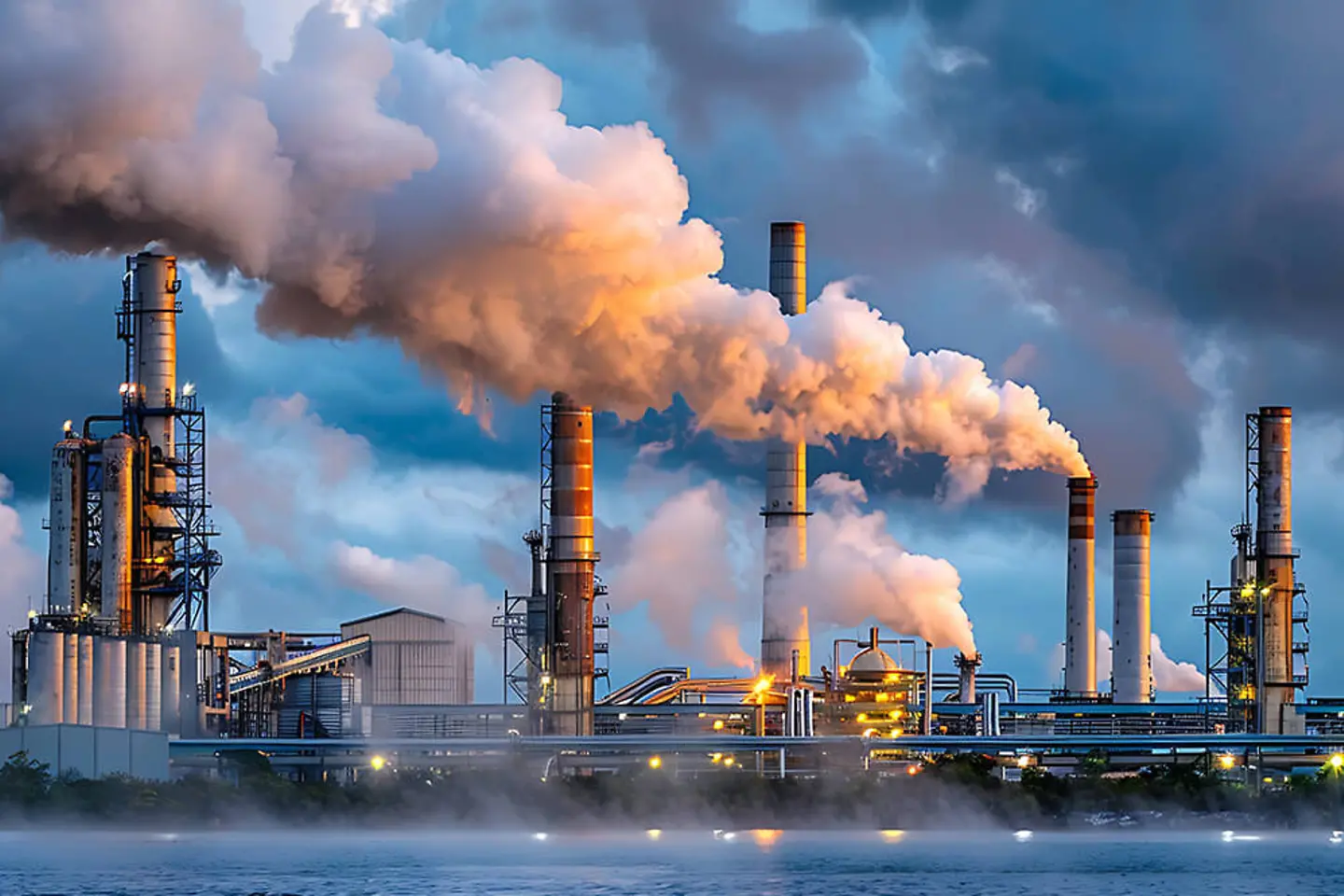 A factory with large chimneys emitting smoke.