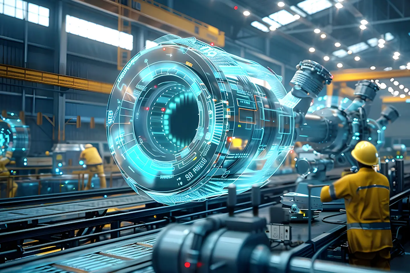 Futuristic Digital Holographic Interface in an Advanced Industrial Factory