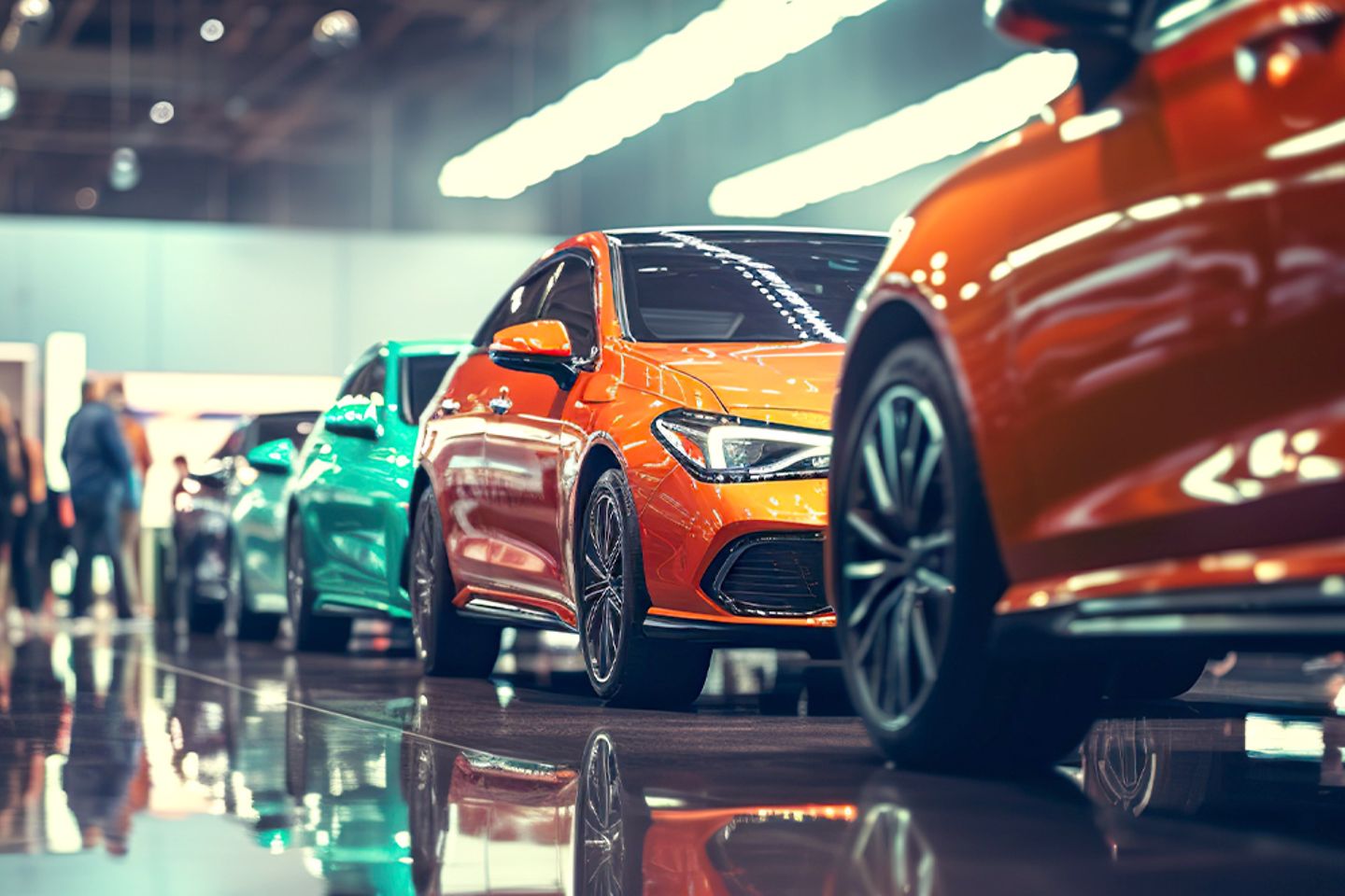 Plusieurs voitures de toutes les couleurs alignées dans un showroom