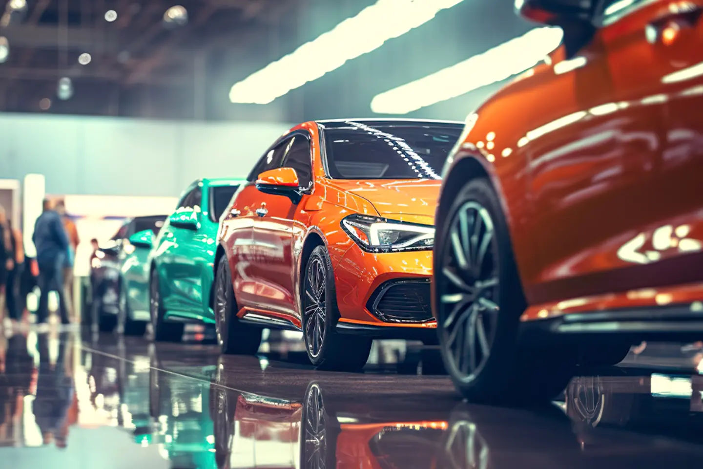 Una hilera de coches de colores en una sala de exposiciones