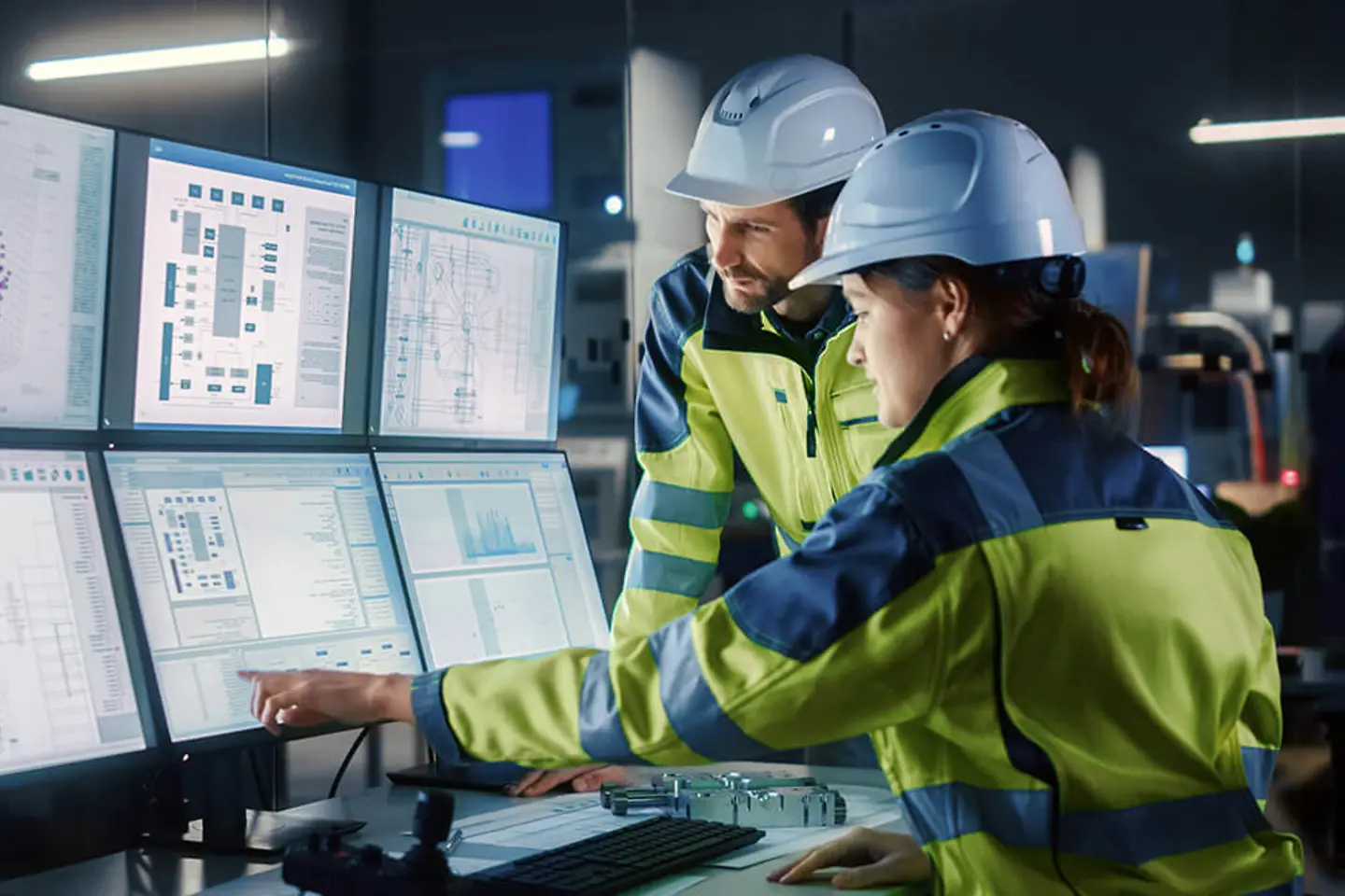 Ingeniero de proyectos hablando con una operadora de control sobre ciberseguridad