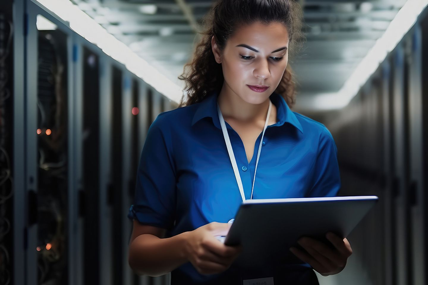 Eine Frau notiert sich in einem Serverraum die Daten eines Rechenzentrums