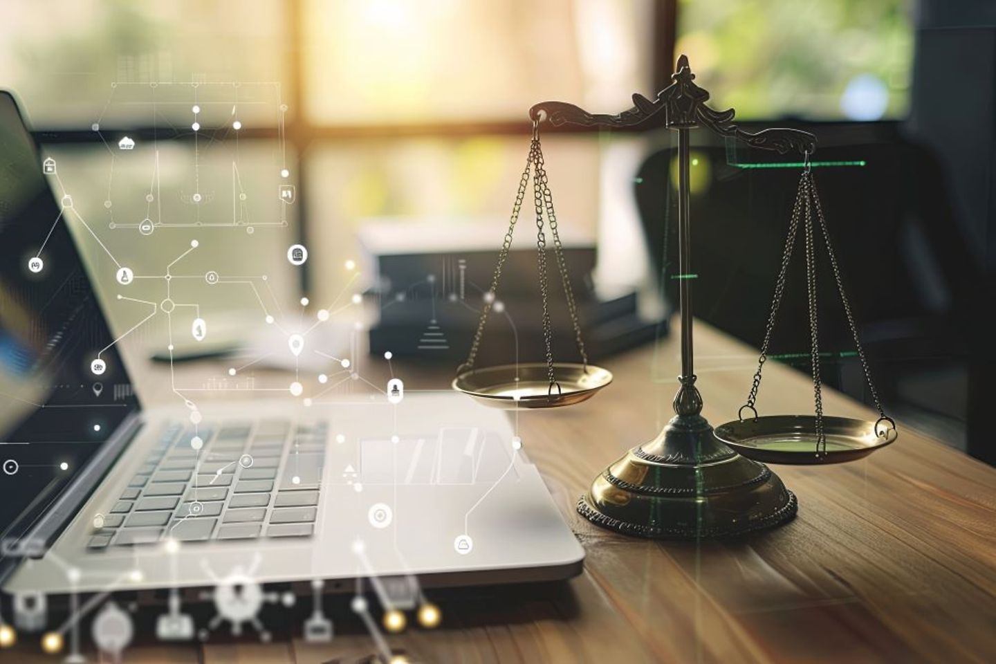 Eine Waage neben einem Laptop mit Digitalisierungssymbolen als Konzept des digitalen Rechts und der Online-Technologie