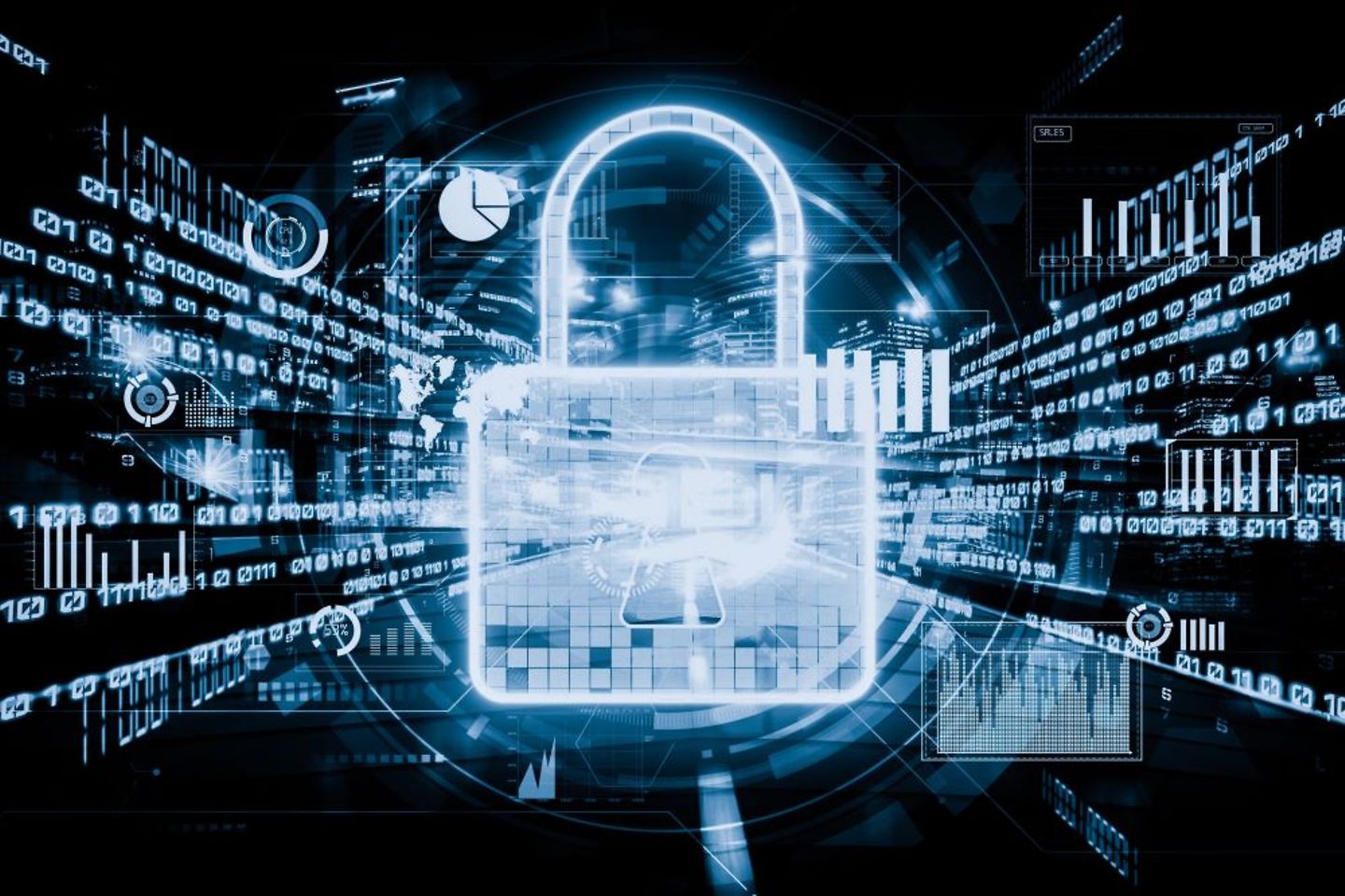 Ein digitales Schloss symbolisiert Cybersicherheit und ein sicheres KI-Konzept für juristische Personen