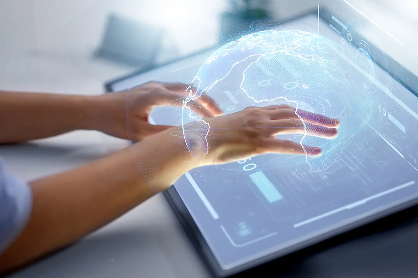 Technology, virtual reality and people concept - hands on led light tablet 