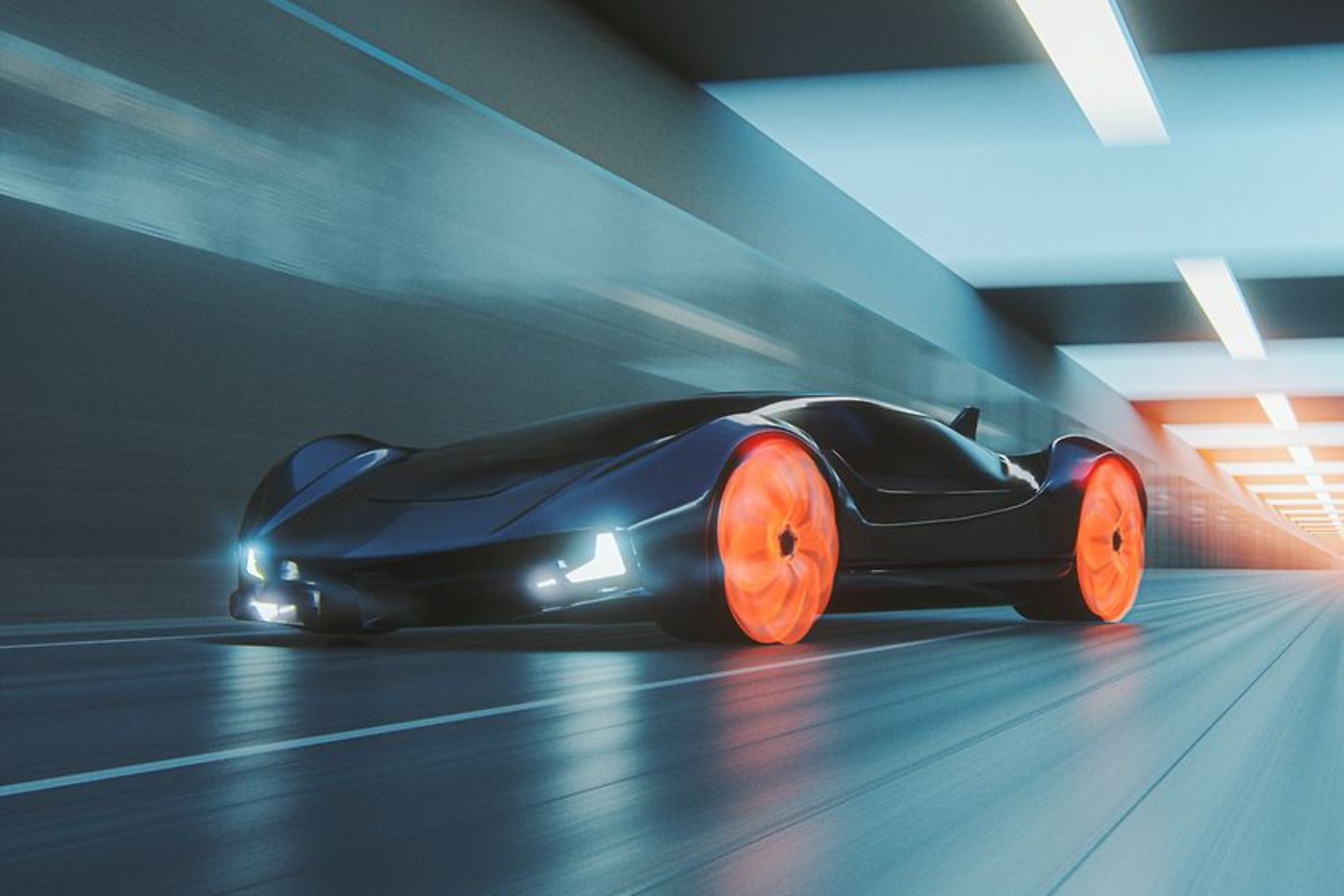 uturistisches Auto beschleunigt im Tunnel und visualisiert Geschwindigkeit und Innovation
