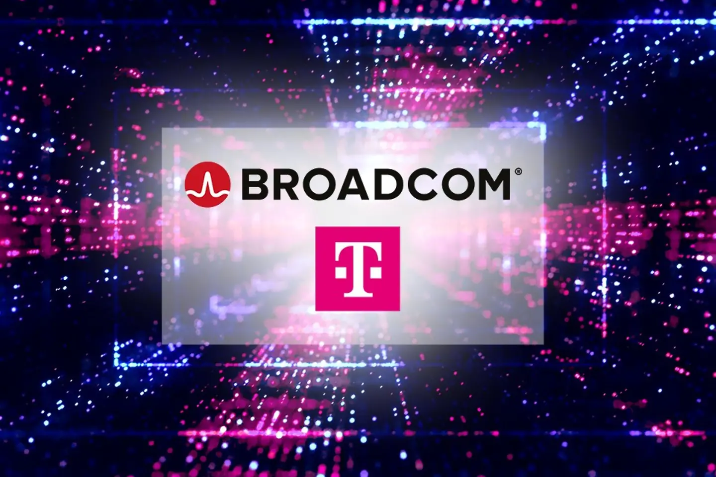 Logo's van Telekom en Broadcom in virtuele ruimte