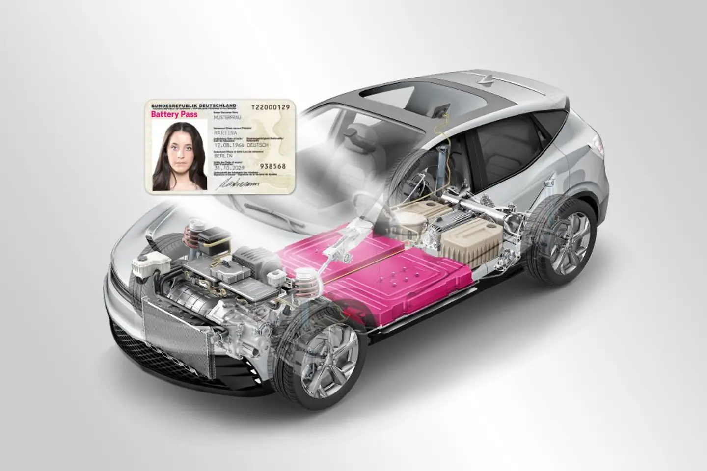 Transparentes E-Auto mit Batterien in Magenta, mit einem Muster-Ausweis.
