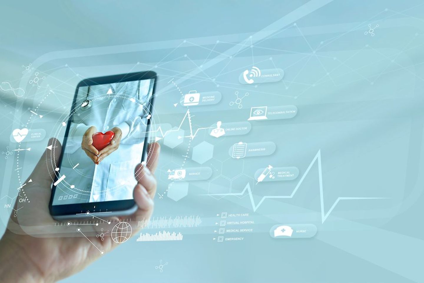 La pantalla del teléfono móvil muestra las manos formando un corazón