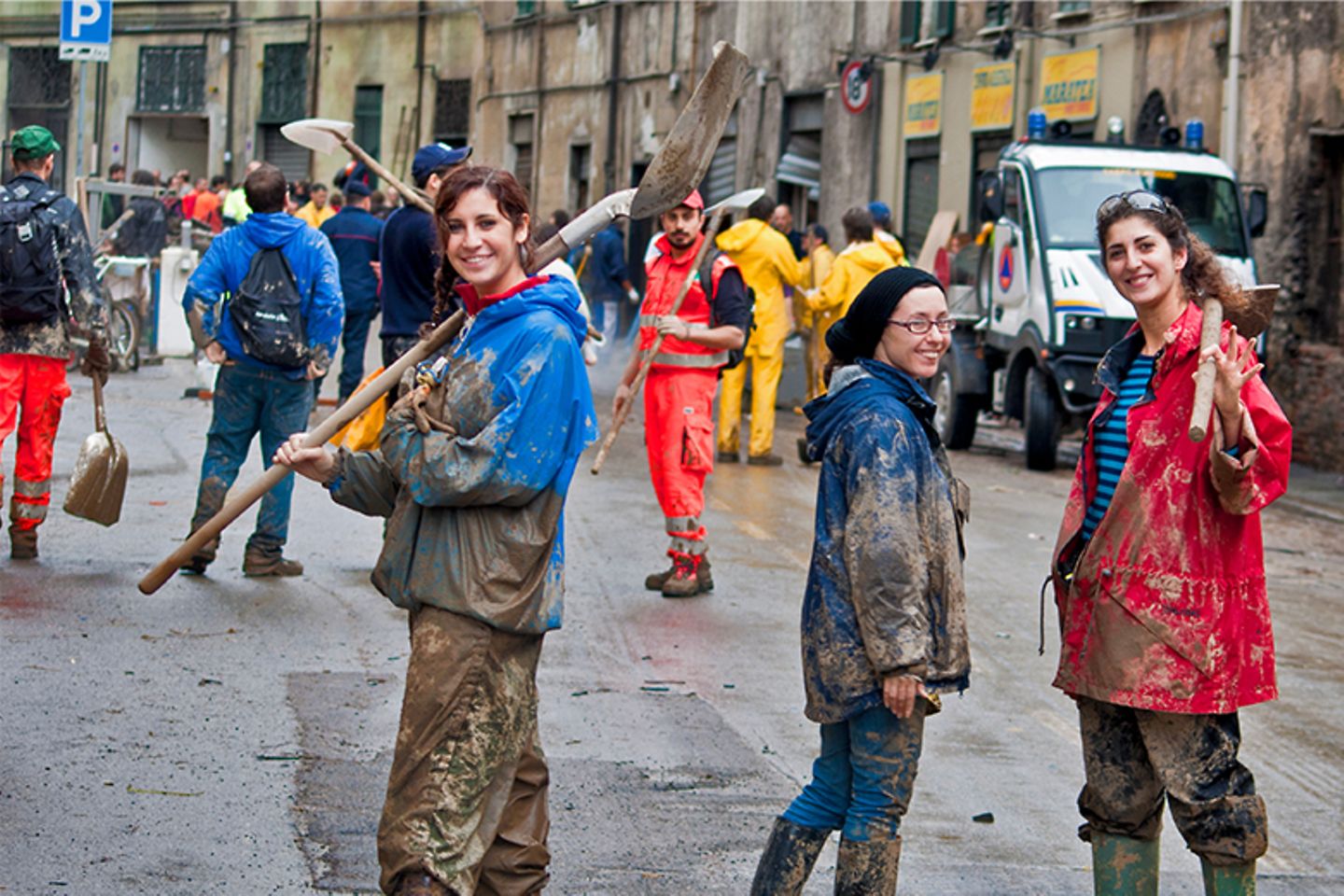 Disaster relief workers together at a rescue site.
