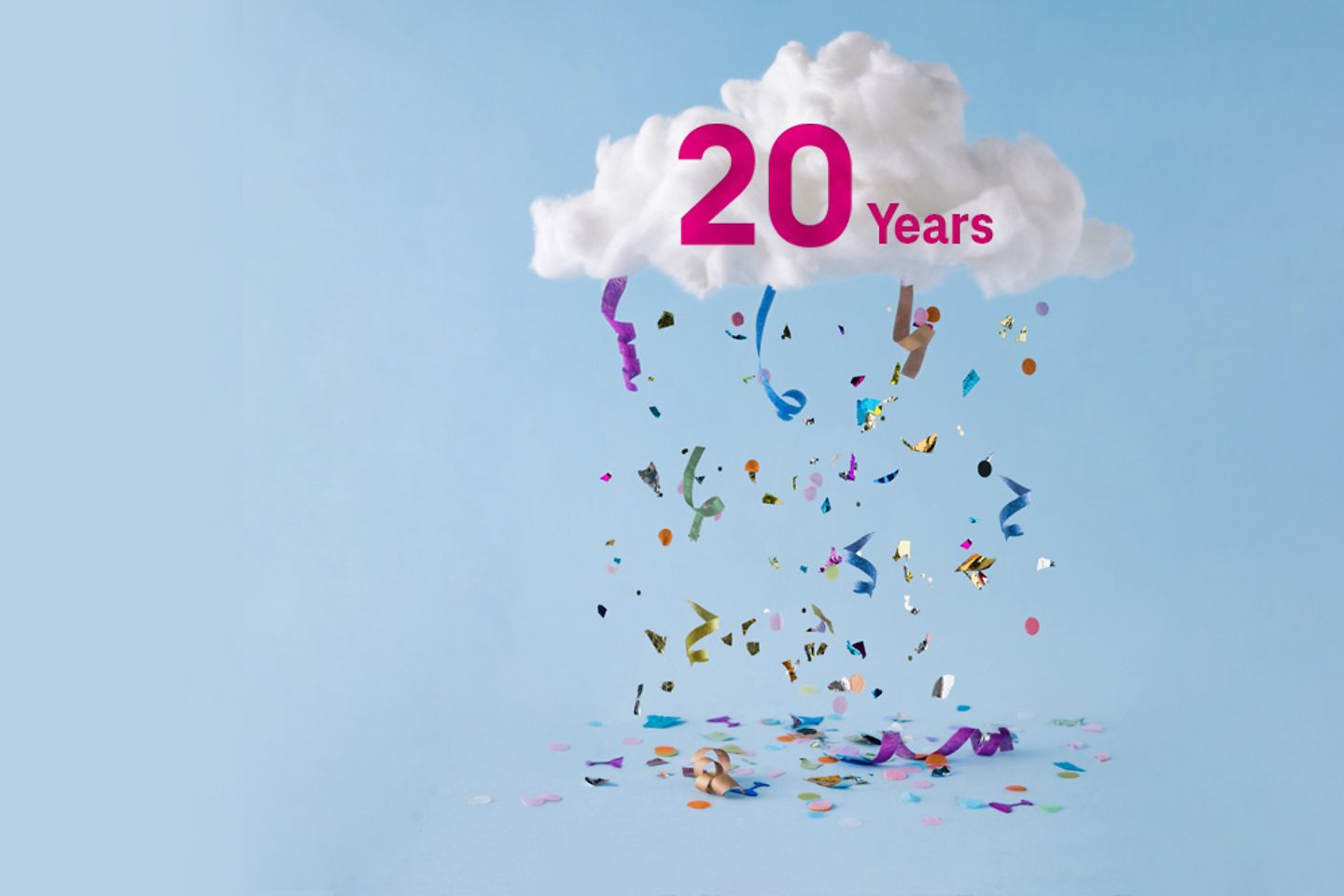 Wolk met confettiregen en opschrift 20ste verjaardag