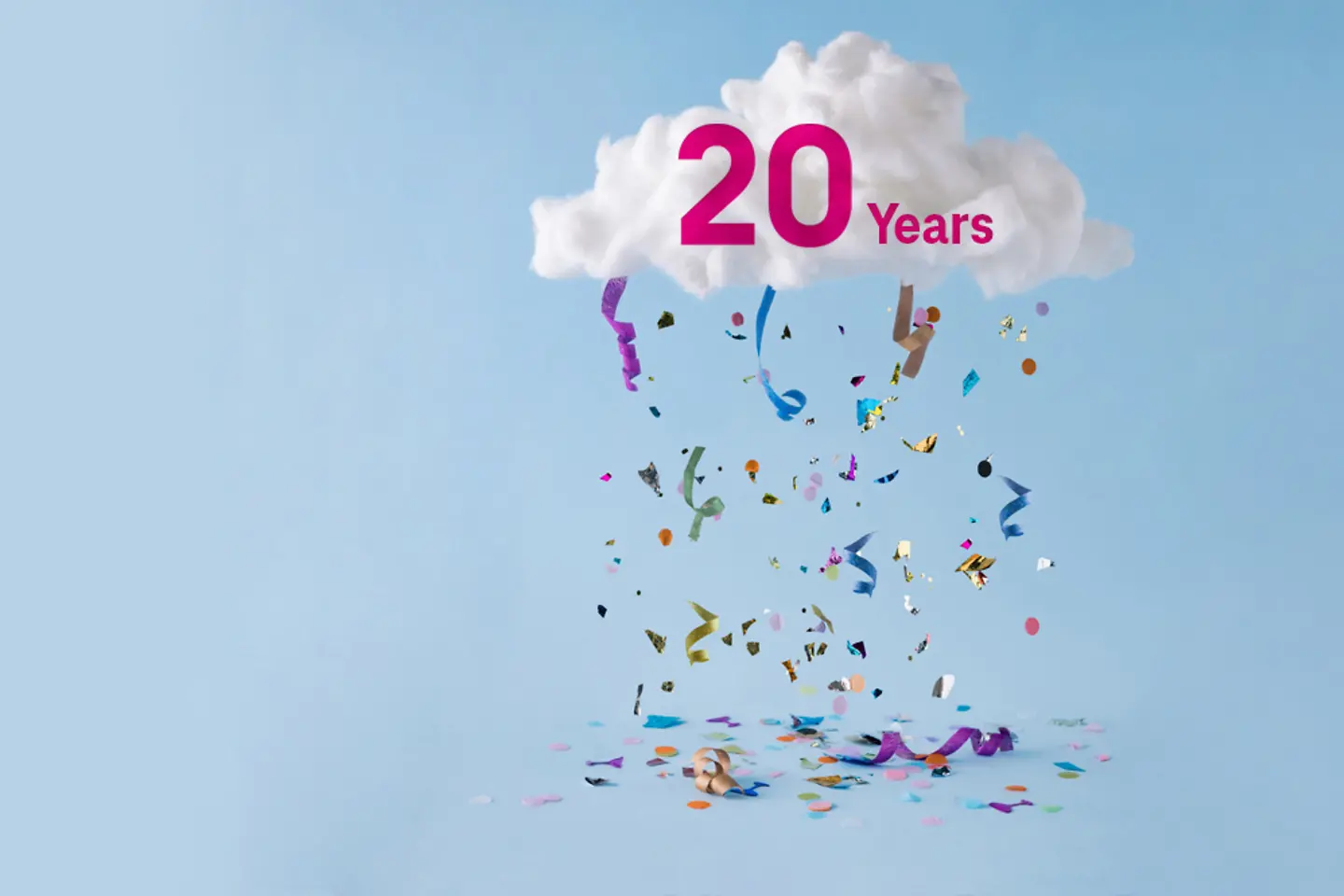 Wolk met confettiregen en opschrift 20ste verjaardag