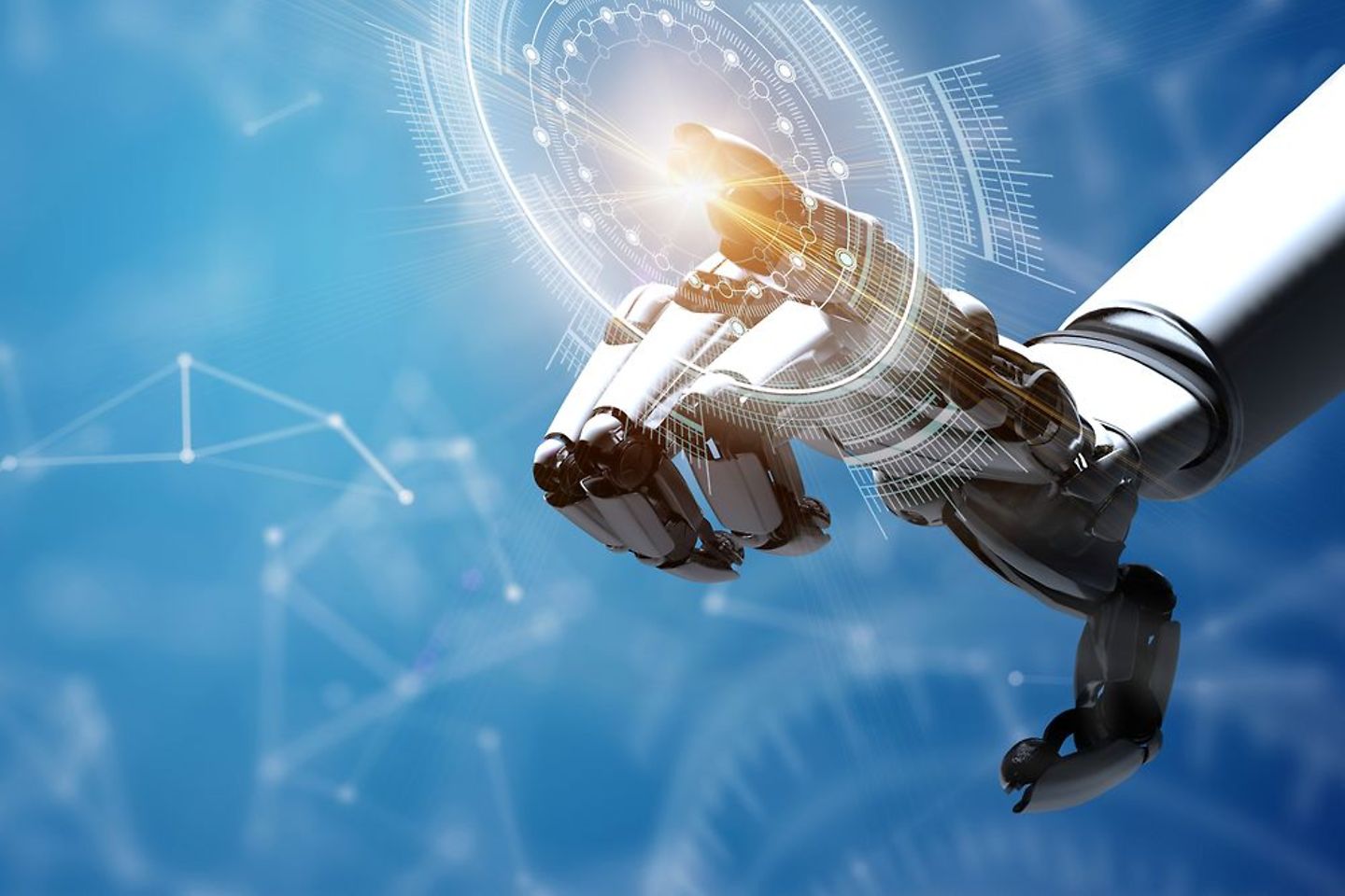 Ein 3D-Roboterarm, der eine HUD-Hologramm-Schnittstelle berührt