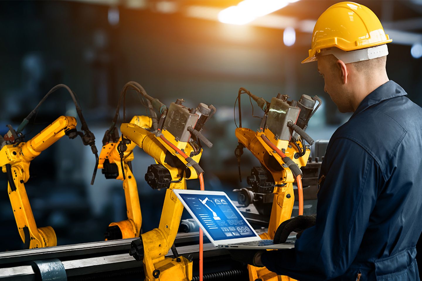 Smart industry robot arms for digital factory production technology showing automation manufacturing process of the Industry 4.0