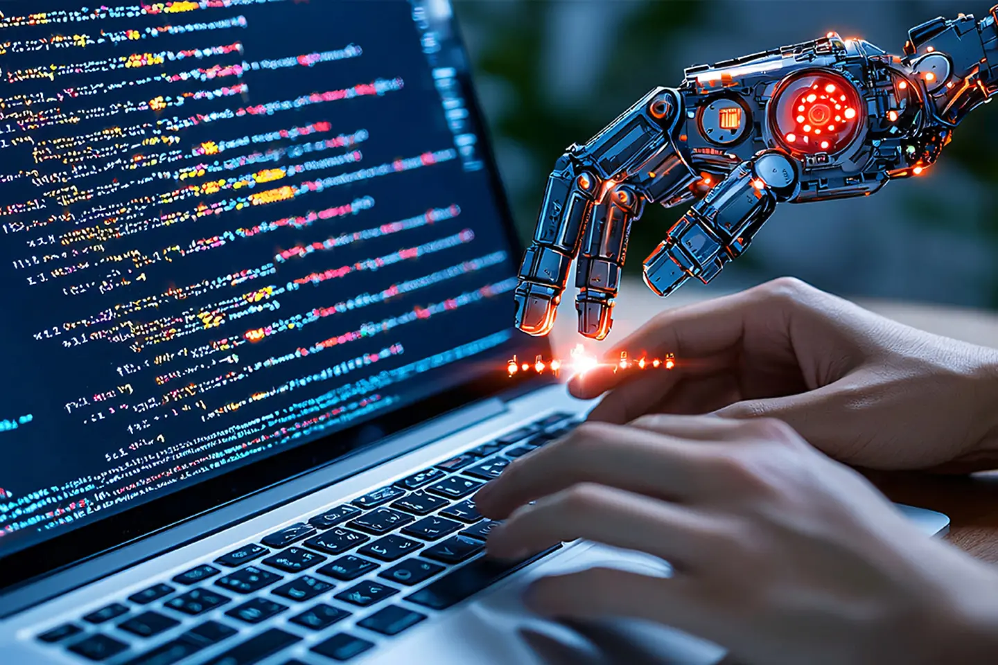 AI Robot Hand Interacting with Computer Code 