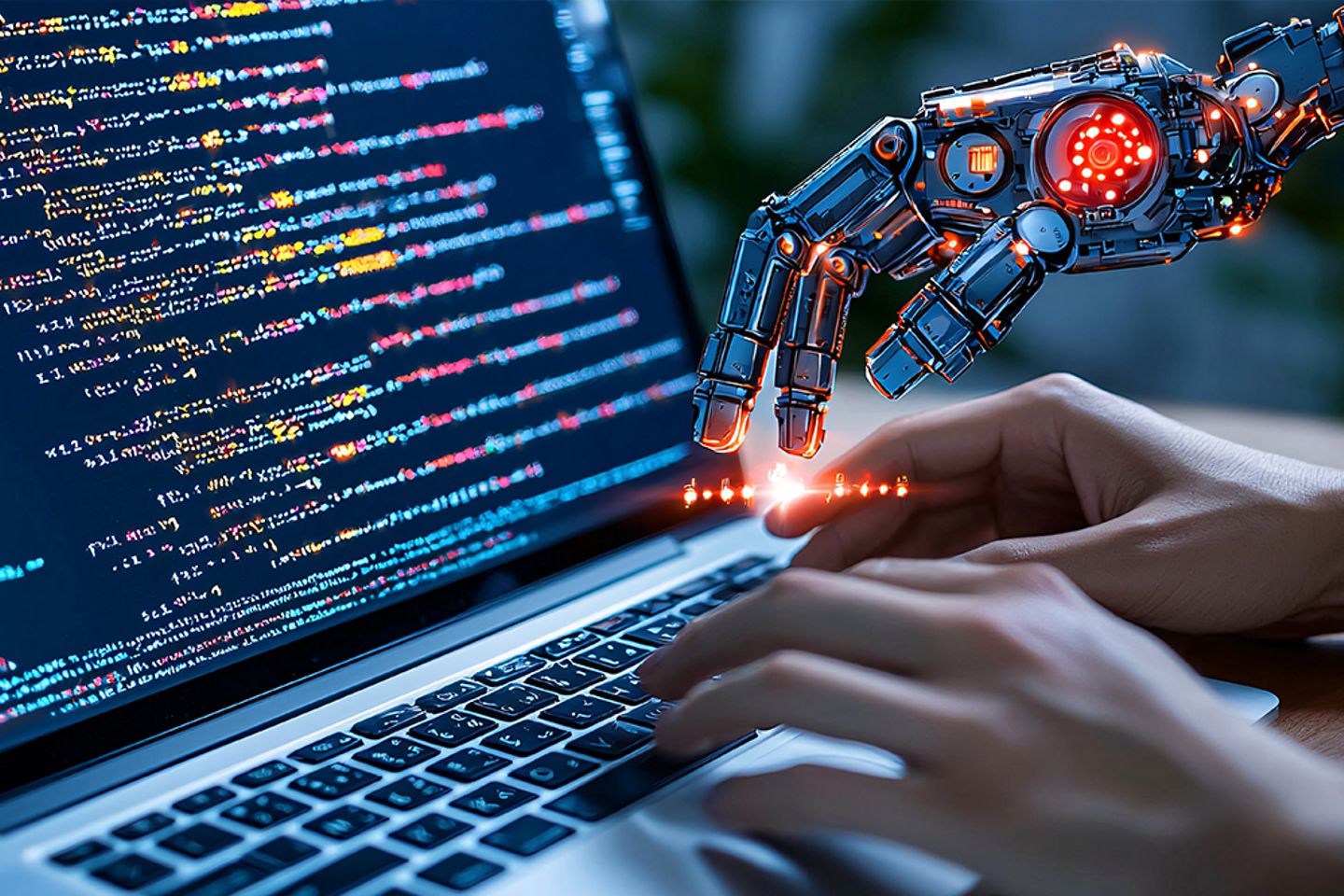 KI-Roboterhand interagiert mit Computercode