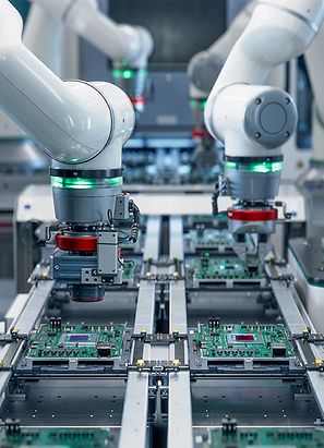 Robotic arms assembling circuits in a modern electronic factory