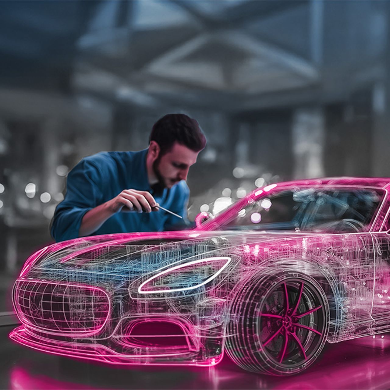 Ein magentafarbenes digitales Automodell wird von einem Enginieur untersucht