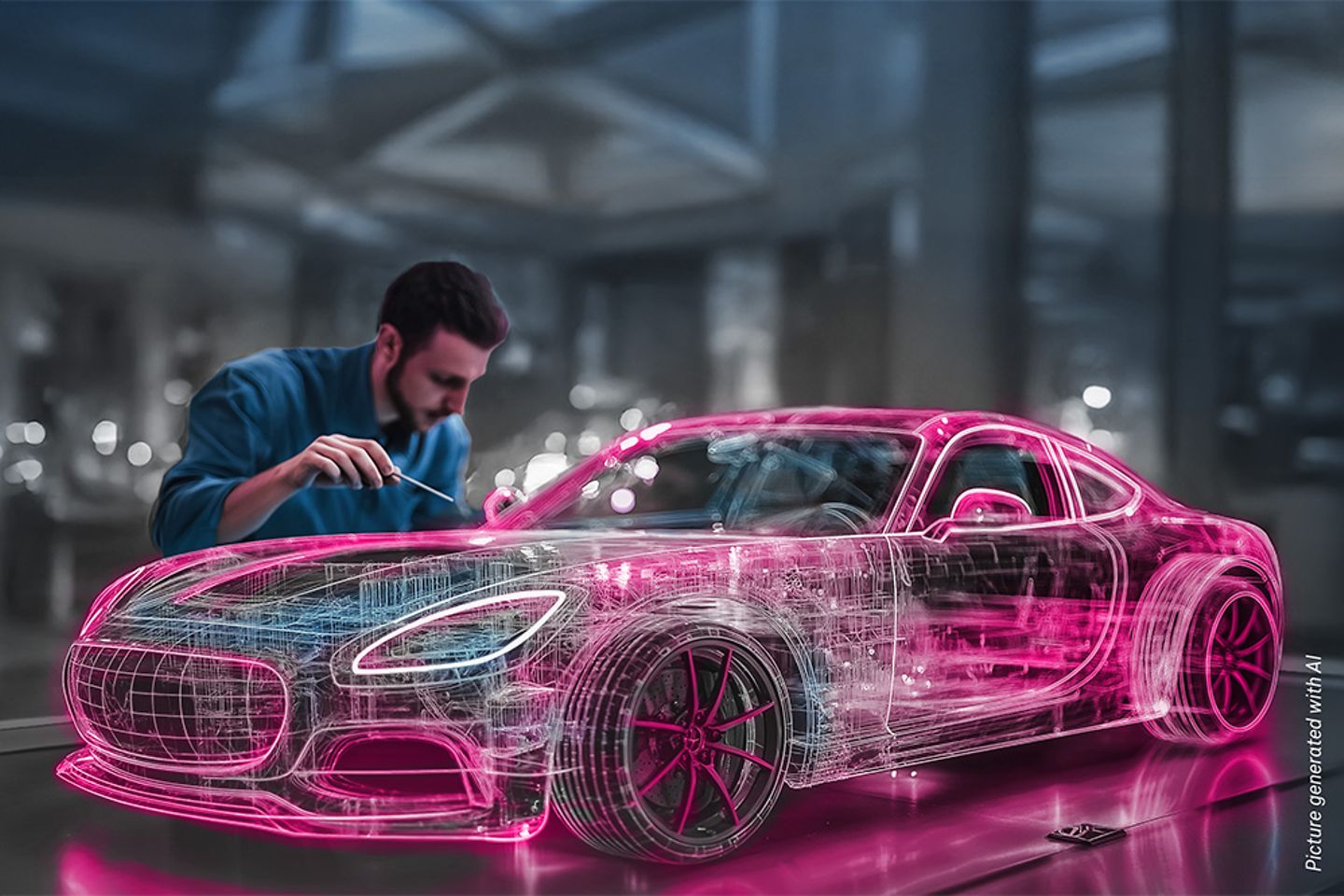 Ein magentafarbenes digitales Automodell wird von einem Enginieur untersucht