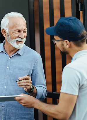 Parcel carrier man delivering a packet to an elderly man