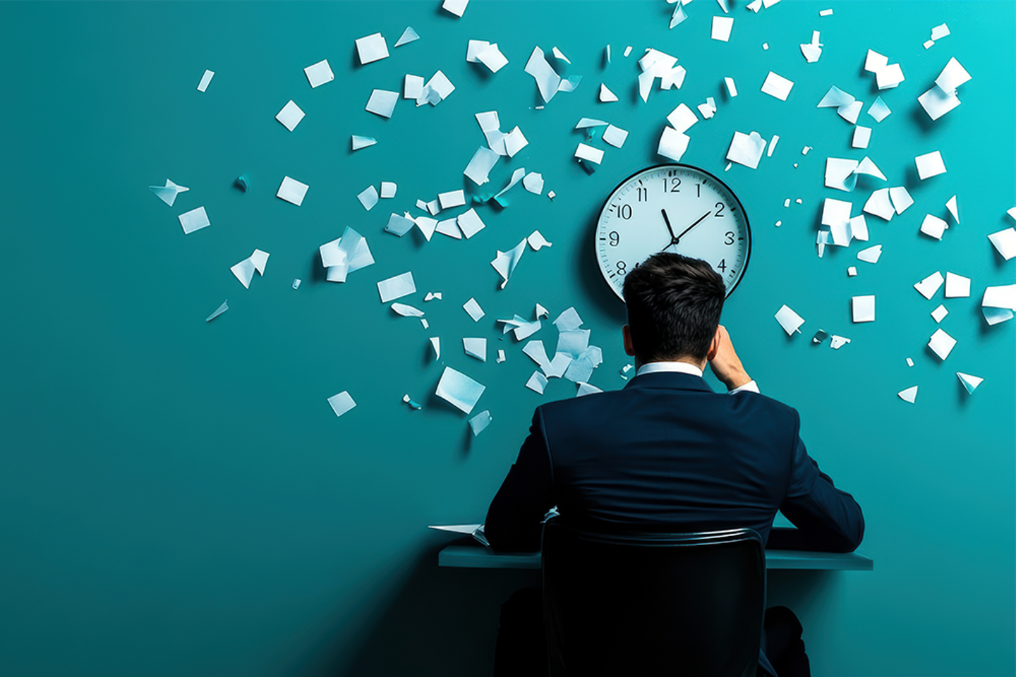 A man in suit sits at desk, overwhelmed by flying papers and clock