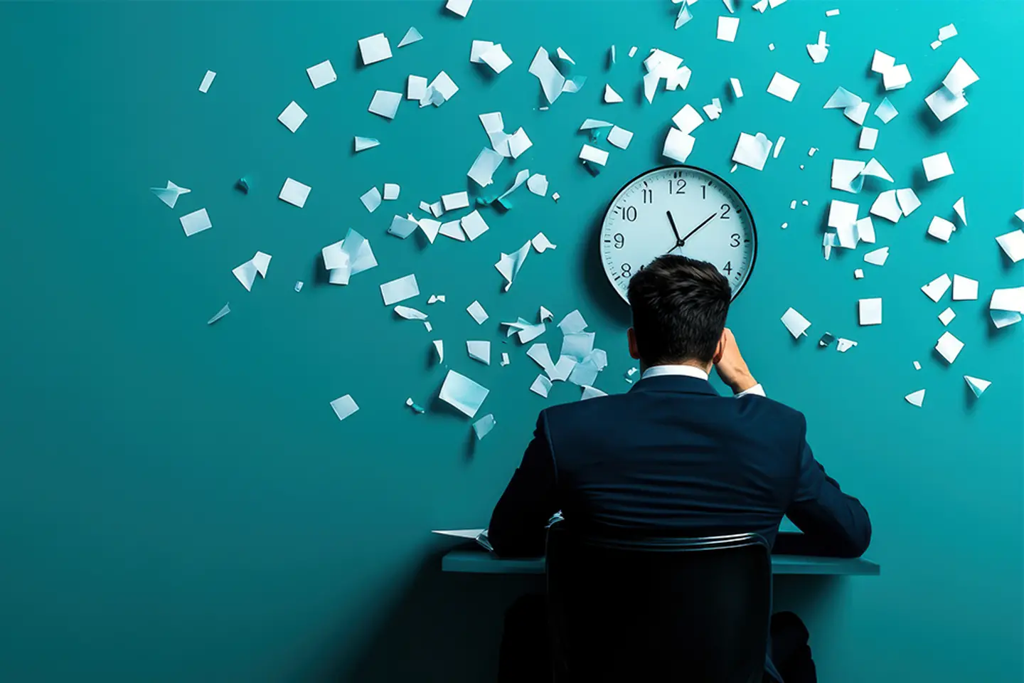 A man in suit sits at desk, overwhelmed by flying papers and clock