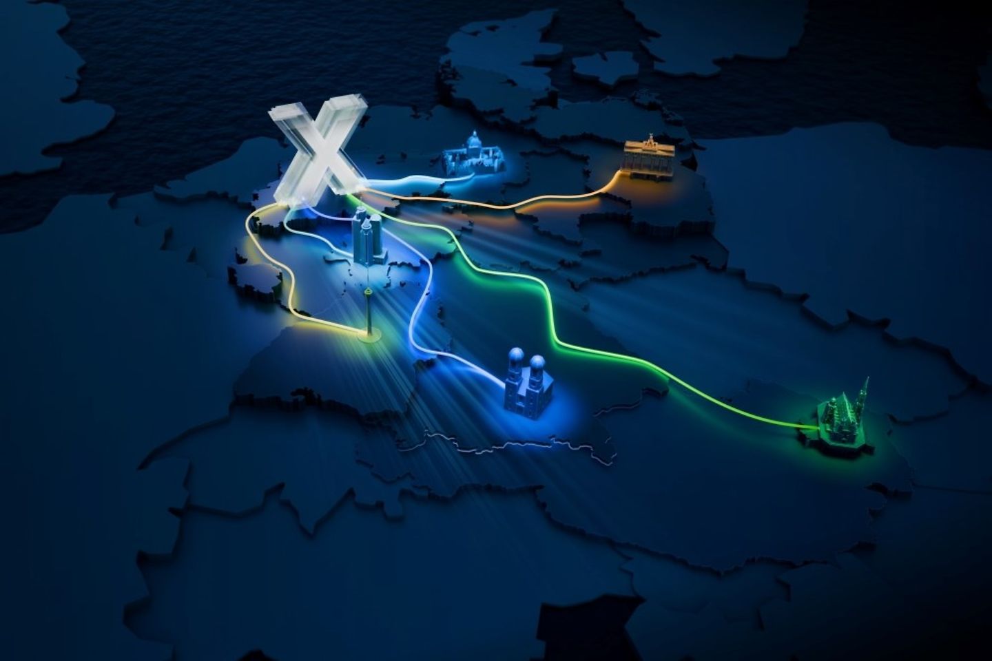 Überdimensionales, illuminiertes X auf einer Deutschlandkarte führt zu fünf Städten