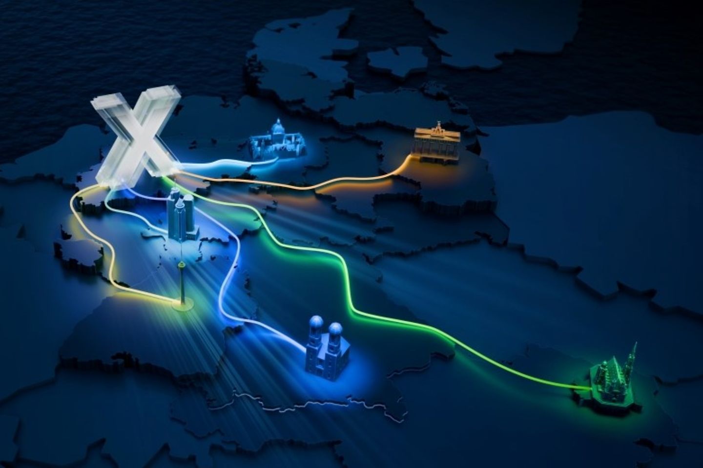 Oversized, illuminated X on a Germany map leads to five cities