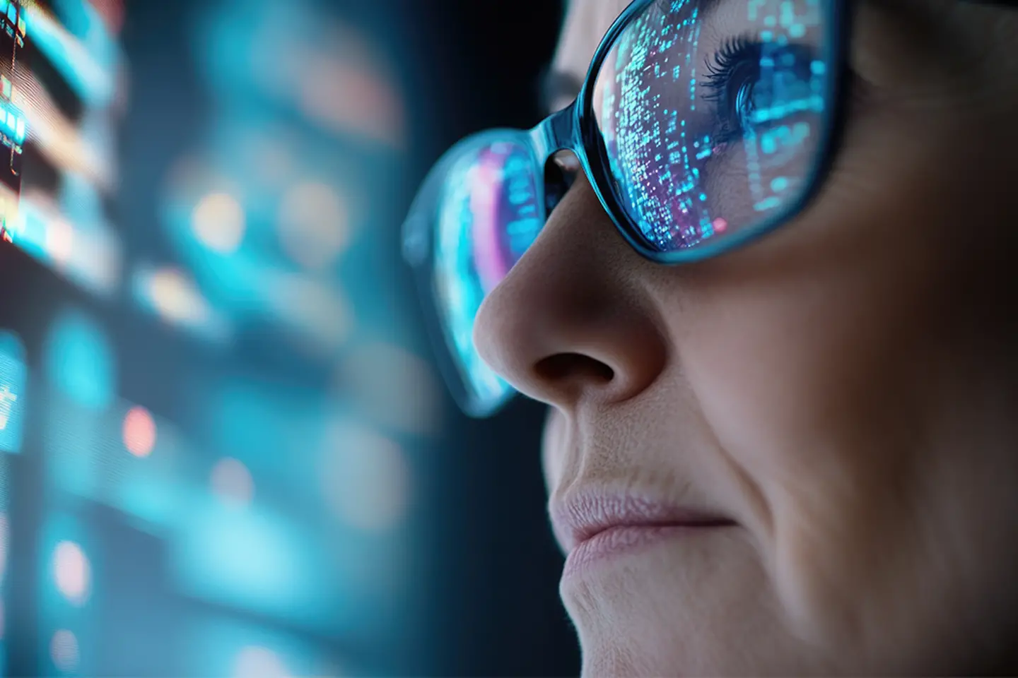 Woman in glasses looks intently at a digital screen with data and code reflecting in the glasses