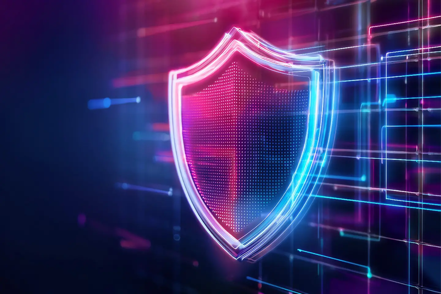 A digital shield icon glowing in vibrant colors, symbolizing security and protection in a high-tech environment.
