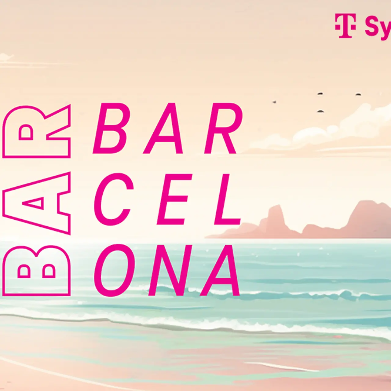 Barcelona Beach Bar Sujet mit Strand und Meer sowie Berge im Hintegrund