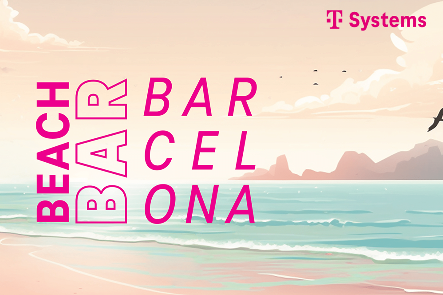 Barcelona Beach Bar Sujet mit Strand und Meer sowie Berge im Hintegrund