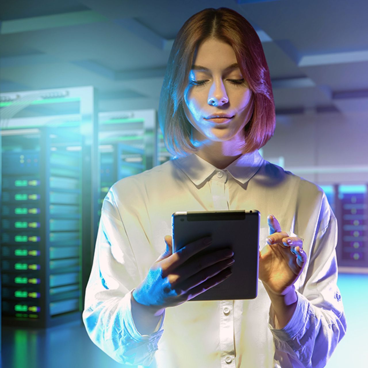 A data center with a network engineer managing