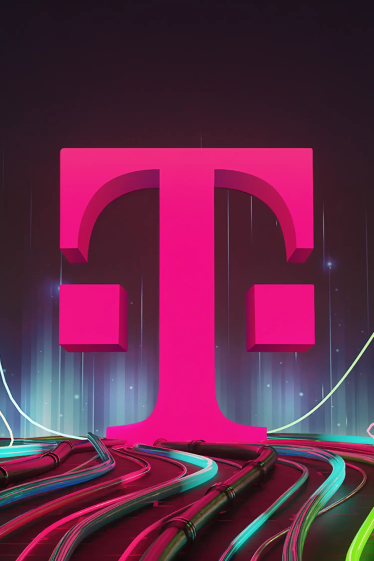 AI generiertes Bild mit Lila und Pinkfarben sowie Aufschrift "Lead the Future. Today." und T-Systems Logo