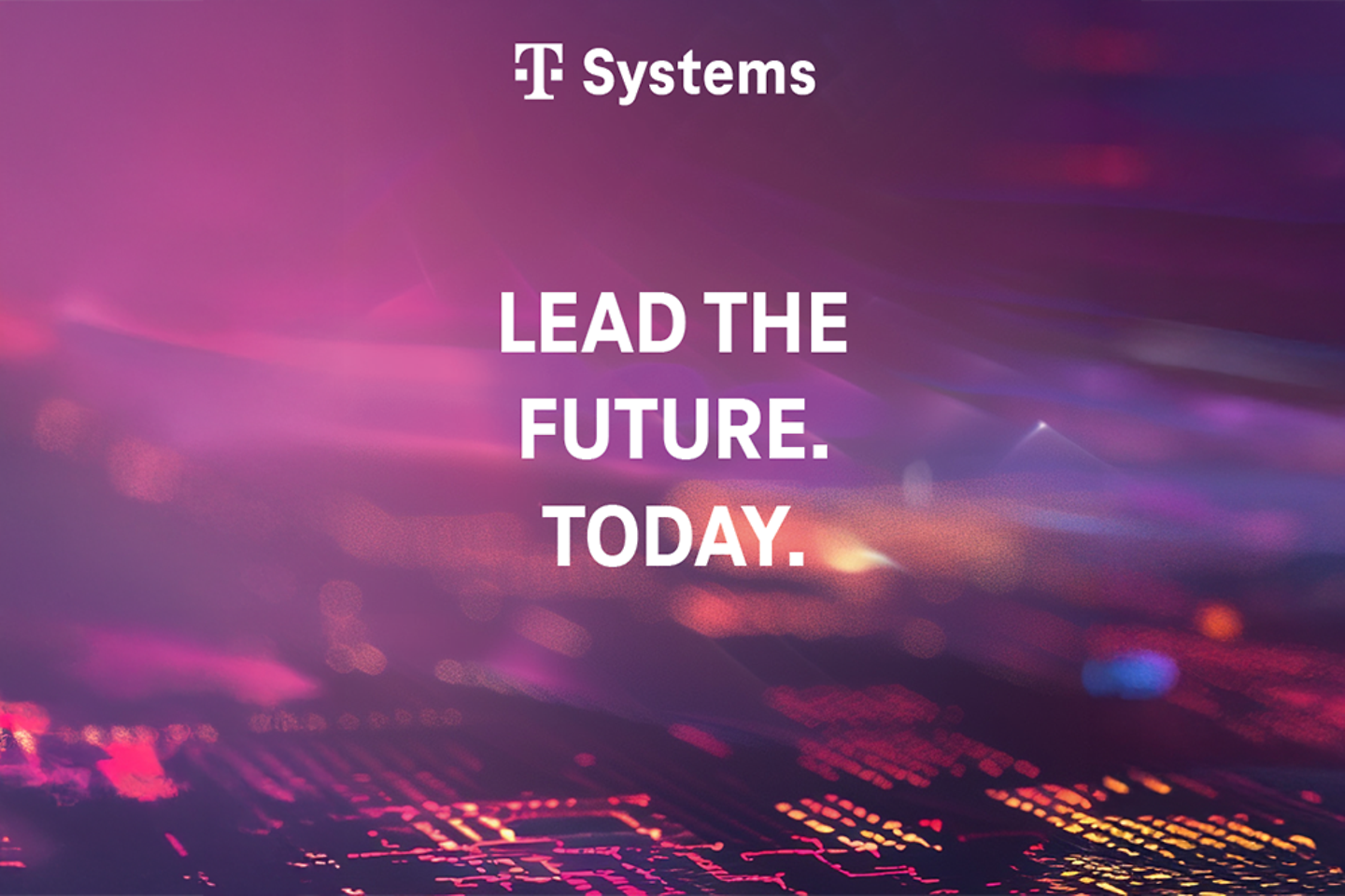AI generiertes Bild mit Lila und Pinkfarben sowie Aufschrift "Lead the Future. Today." und T-Systems Logo