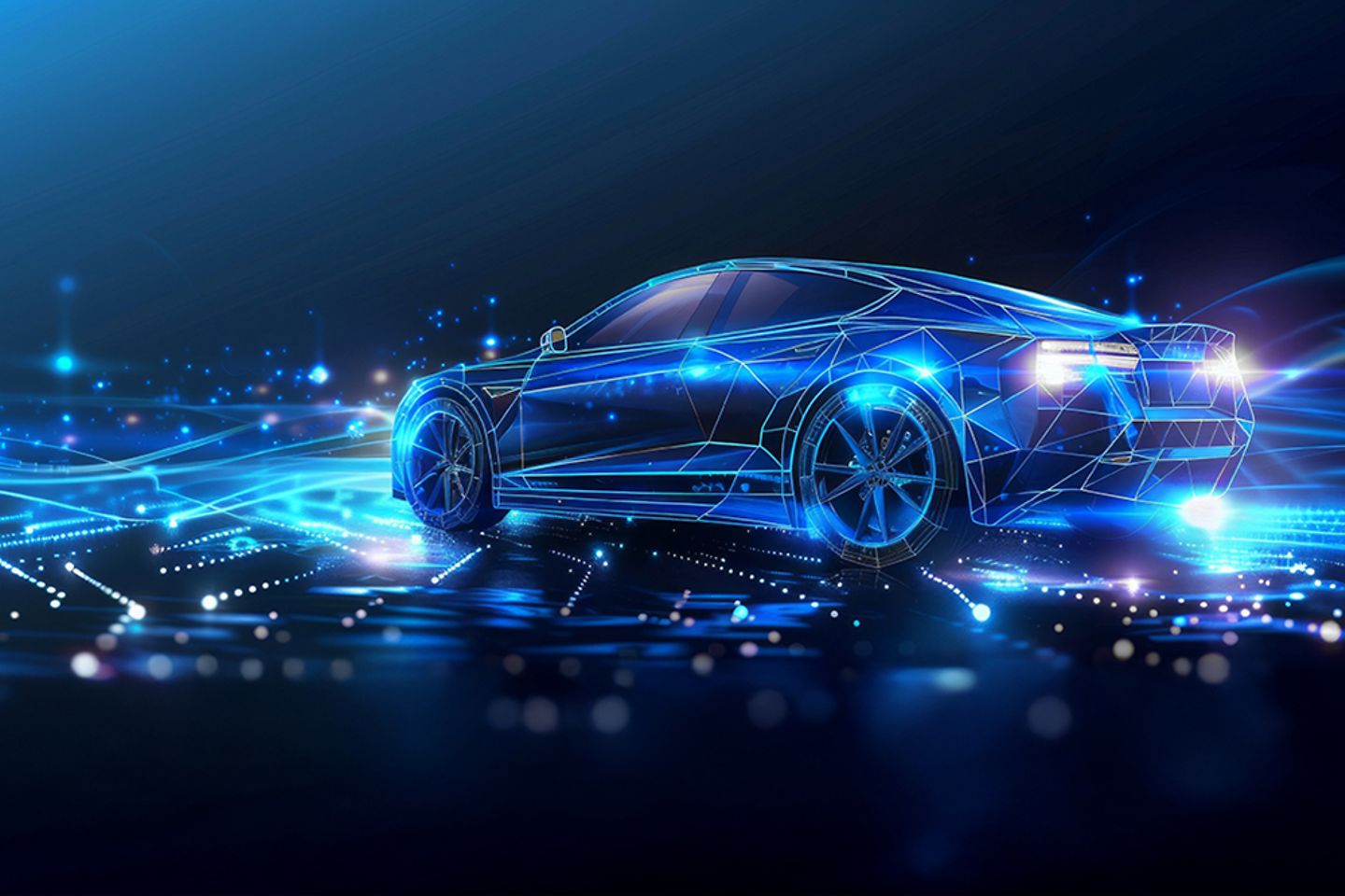 Digitales Bild eines schnellen, leuchtenden Autos auf schwarzem Hintergrund, Bild KI generiert