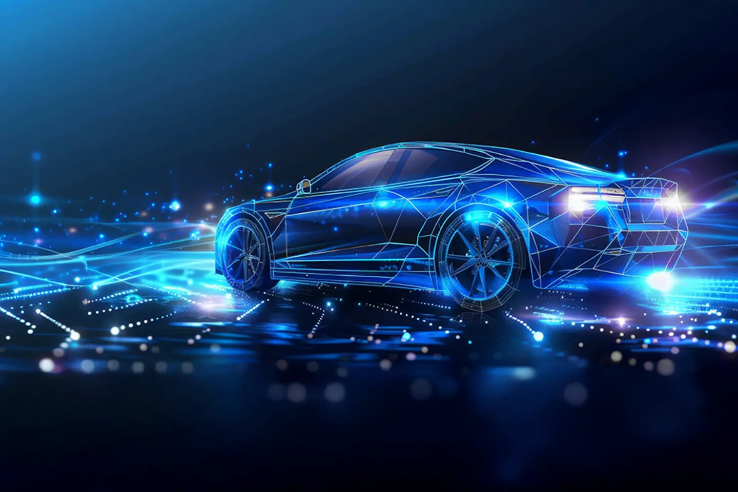 Digital image of a fast, glowing car on black background, AI generated image