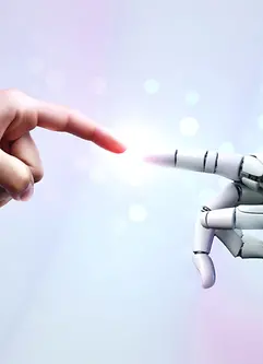 Roboter- und menschliche Hände berühren sich und verbinden sich
