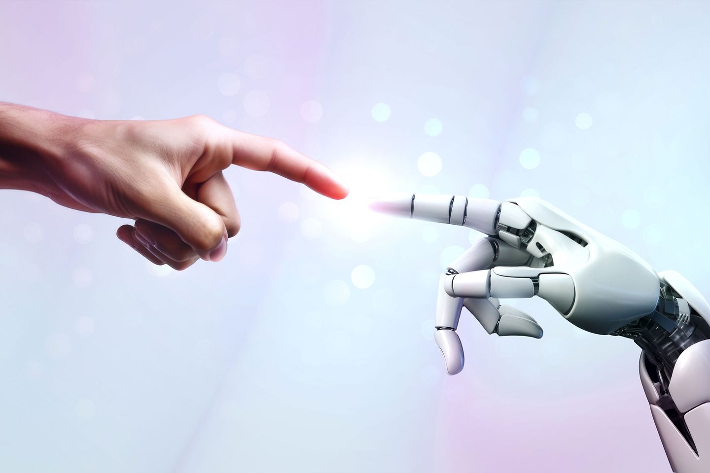 Roboter- und menschliche Hände berühren sich und verbinden sich
