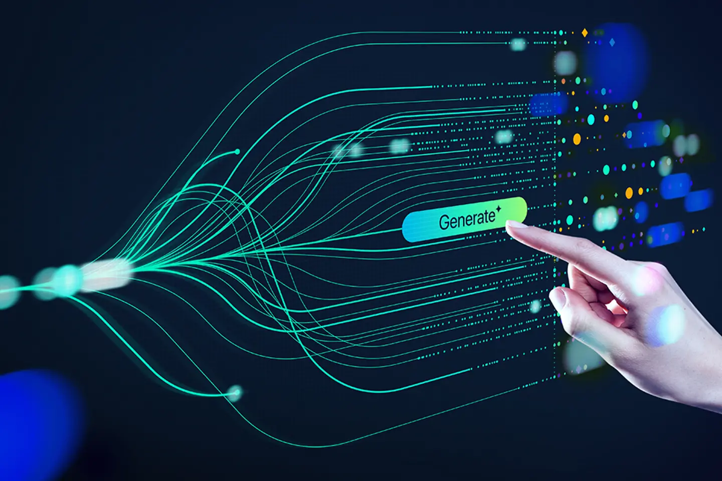 A hand touching a monitor with a button named "Generate".