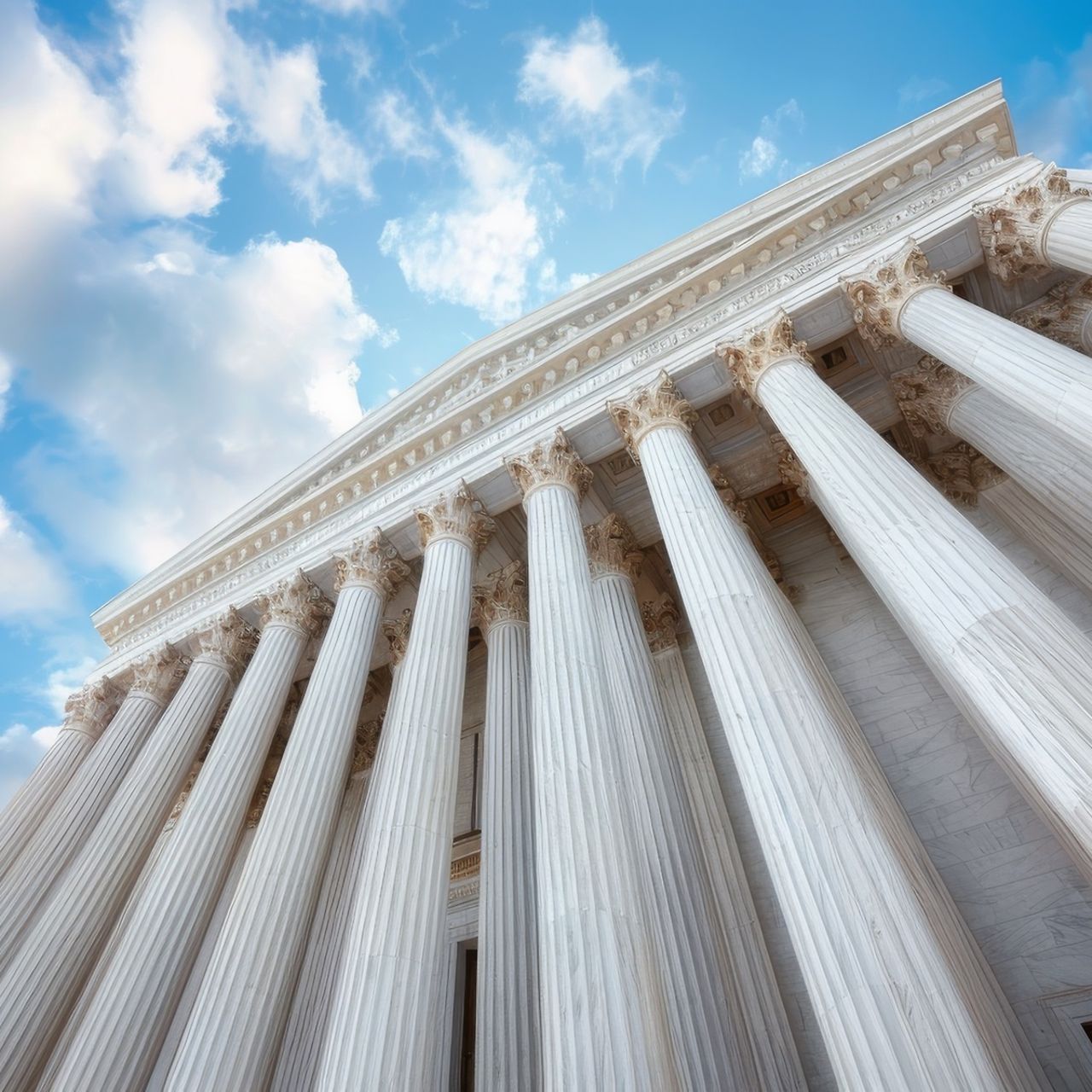 Imposing government building with silhouette against blue sky and clouds