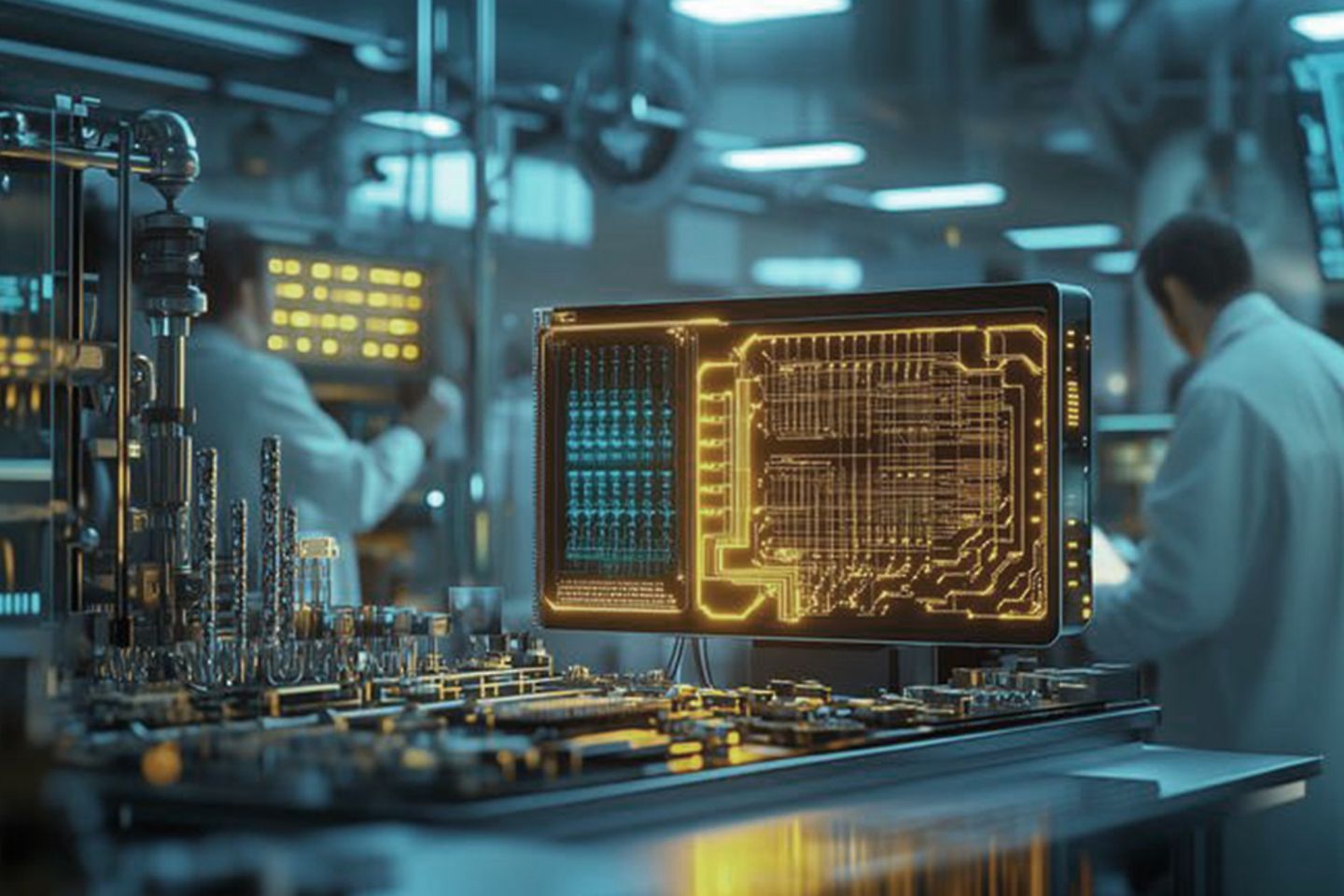 Two research staff with a glowing quantum computer in a high-tech laboratory