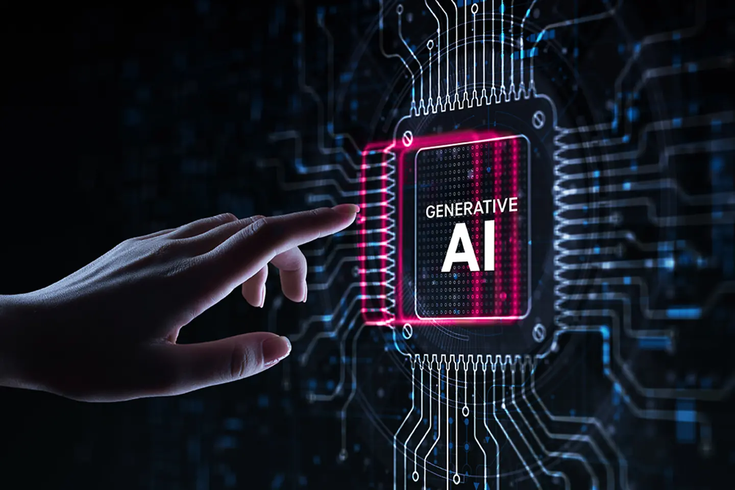Generative AI Creating Content and Solutions Illustrated on a Processor Touched by a Human Hand. 
