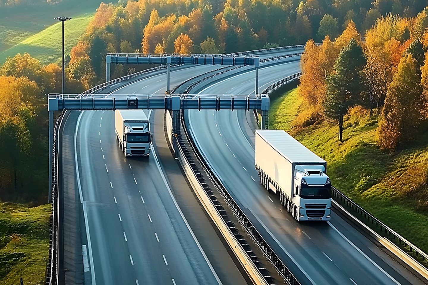 Asphalt highway with electronic toll gates in autumn woodland with trucks on road