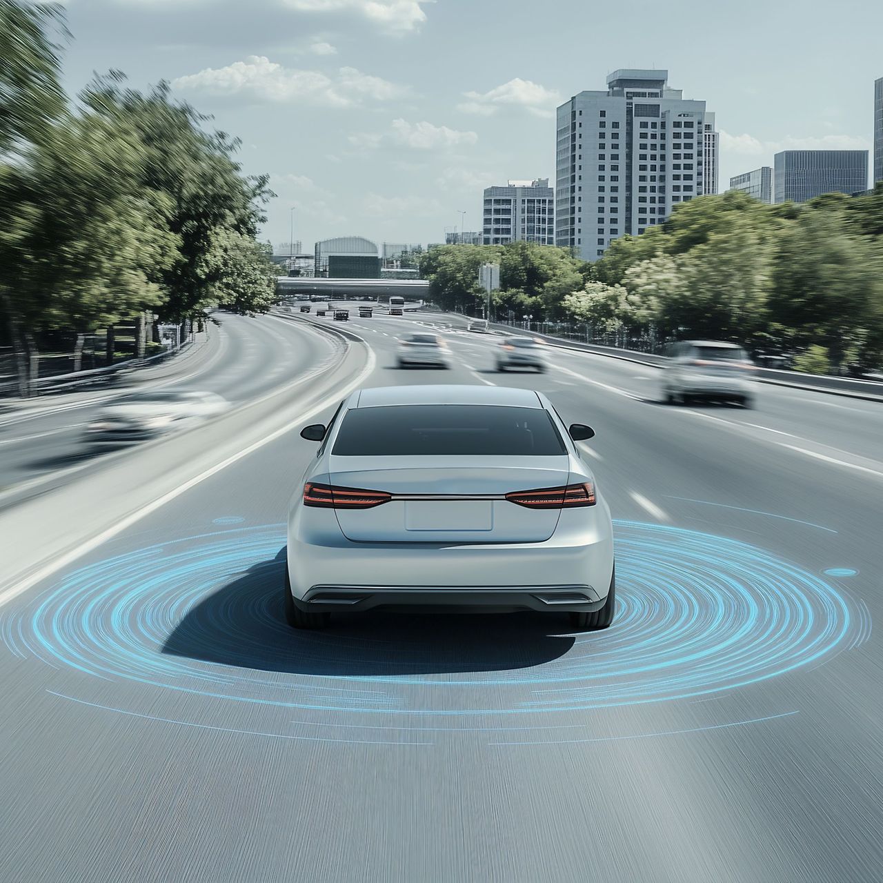 A white futuristic car navigates a modern cityscape