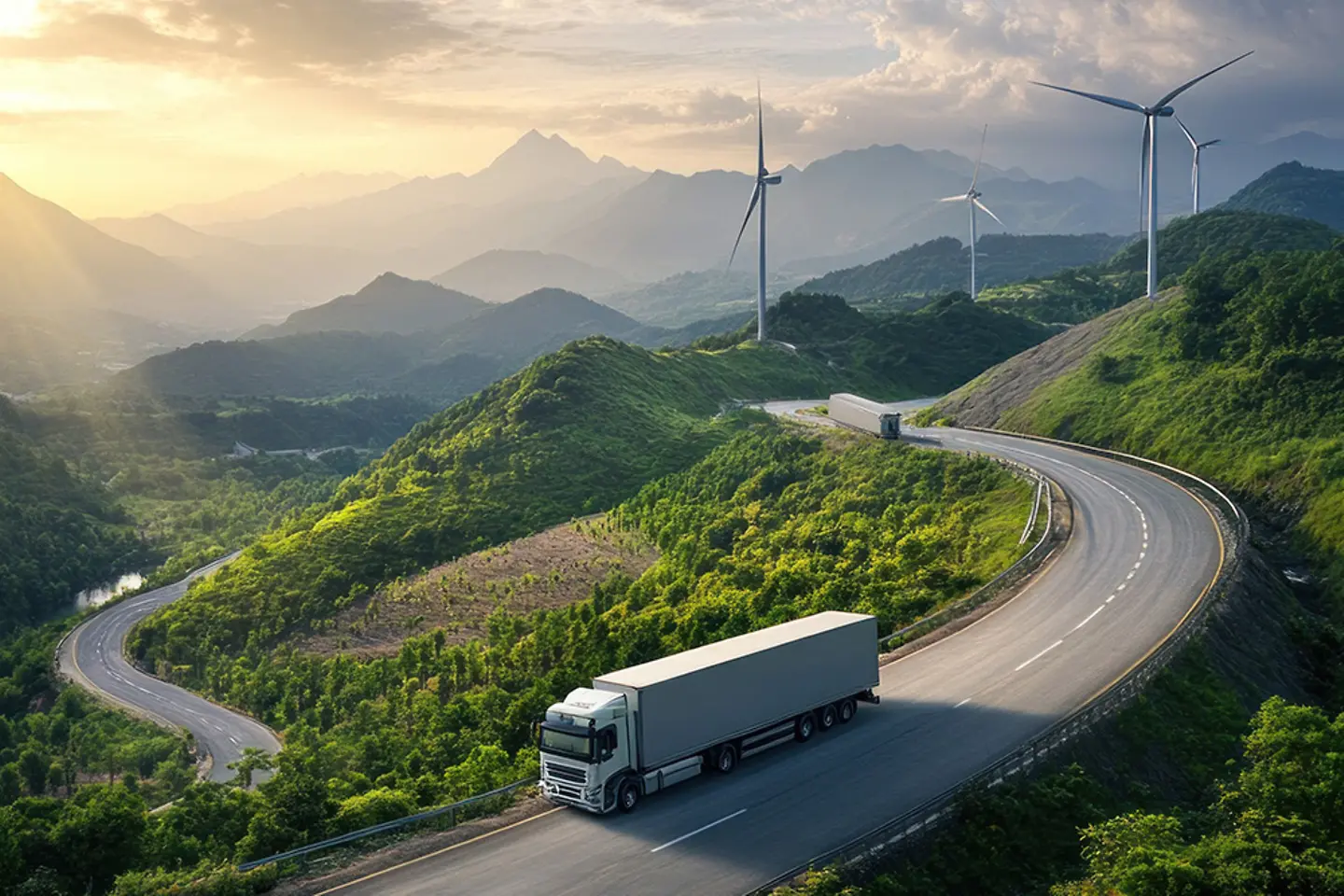 Nachhaltiger Straßentransport: Lkw auf malerischer Bergstraße mit Windrädern im Hintergrund