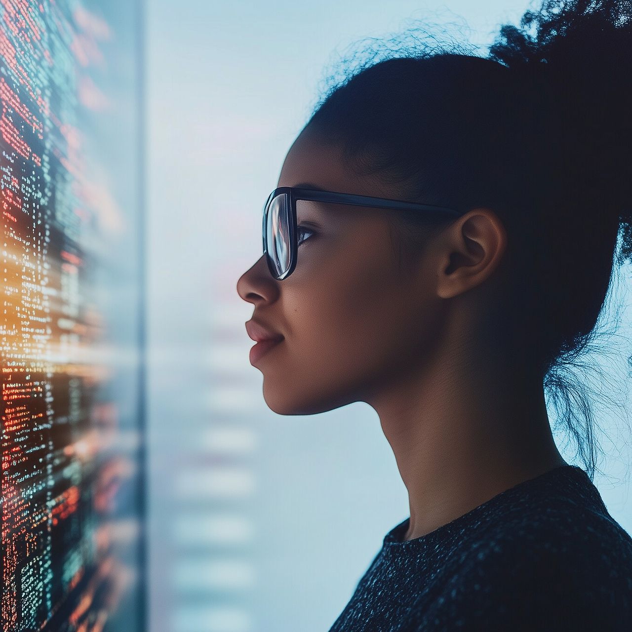 Eine IT-Spezialistin lernt Code- und Datentechnologie zu analysieren