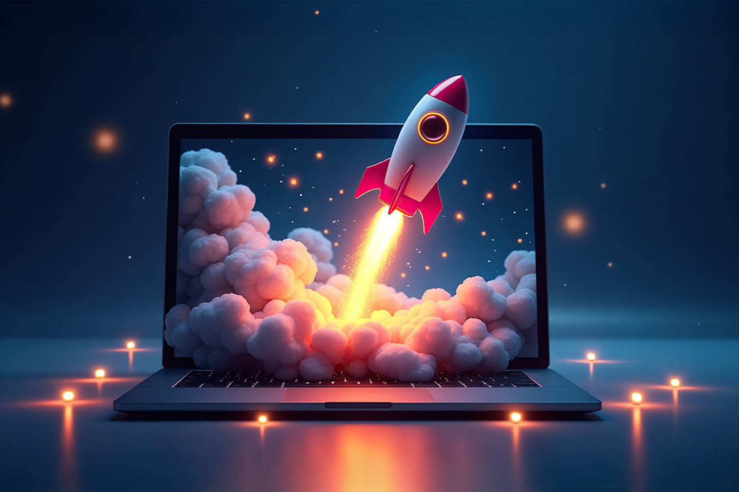 KI erstelltes Bild mit Laptop und Rakete, die aus diesem rausfliegt